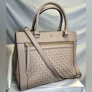 KATE SPADE Taupe Tan Gray Etched Leather Double Handle Crossbody Satchel Bag